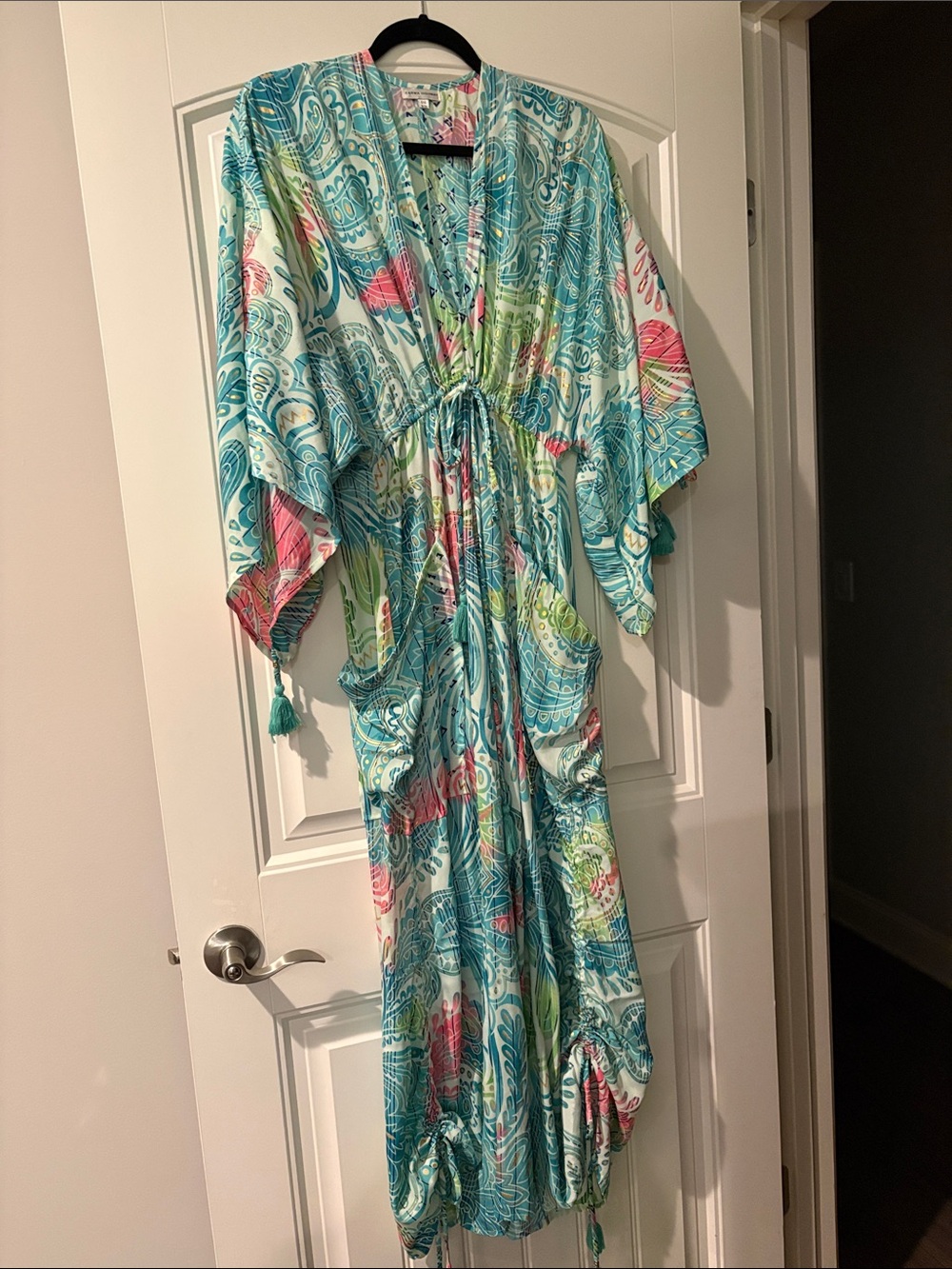 Women's Aqua Paisley Maxi Caftan Dress with Drawstring